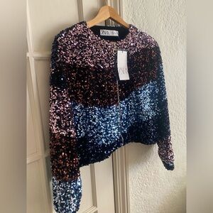 ZARA Sequin Crop bomber jacket NEW Large